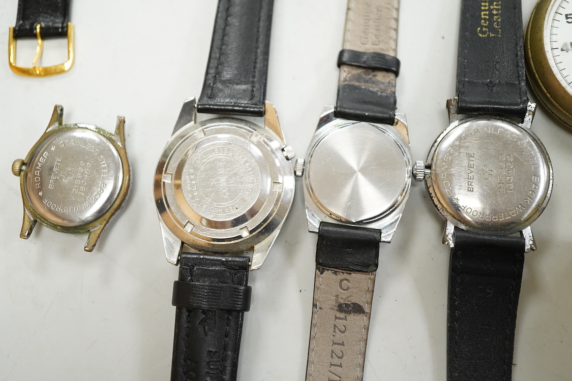 Four assorted wrist watches including two Roamer and a Seiko 5 automatic, a Military issue open faced stopwatch, a watch case opening tool, winding crown, two lug bars and five watch straps.